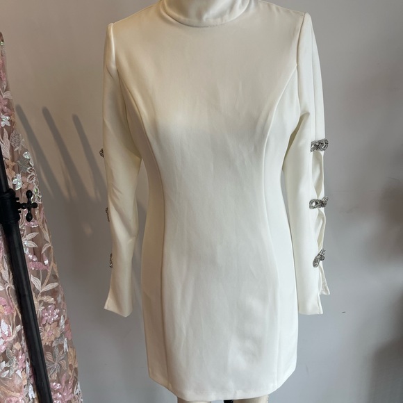 Jewel Badgley Mischka Cream Dress with Embellished Sleeves